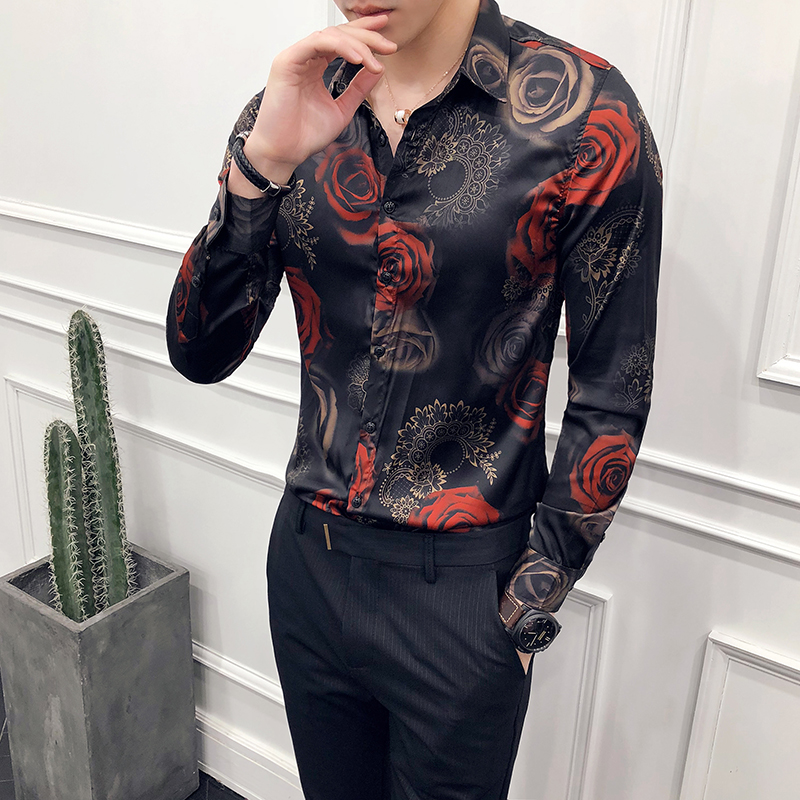 Rose Print Shirt Mannen Patroon Bloemen Shirt Mannen Lange Mouwen Slim Party Shirt Clube Camisa Mannen kleding: Asia L 54-60kg