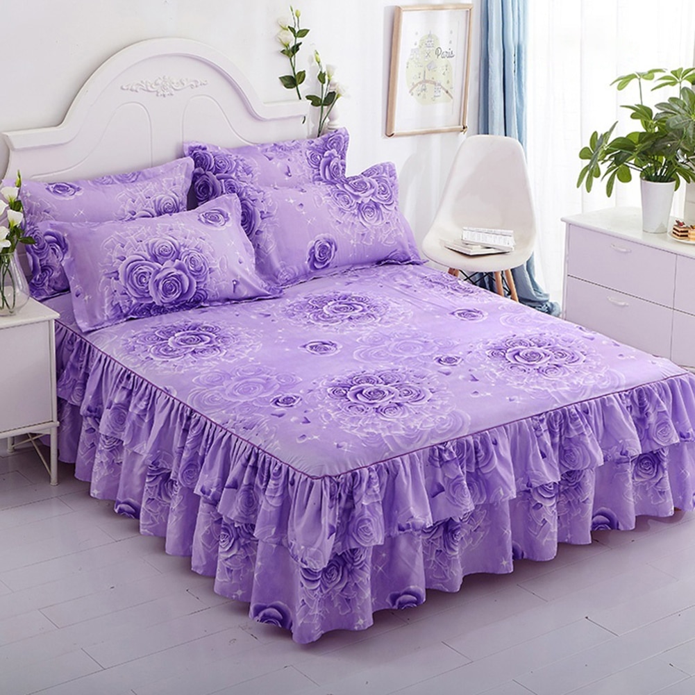 Nordiskt romantiskt blommönster polyester volang sängkläder säng kjol drottning säng täcker sängkläder lakan hem rum inredning