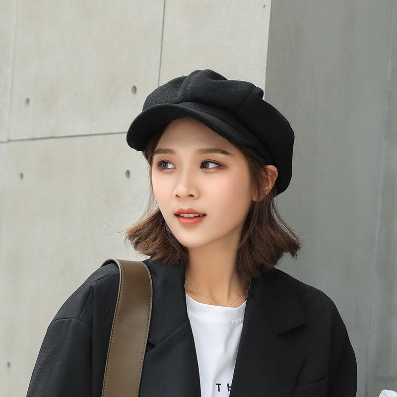 Hats tweed hat boina retro hat newsboy womens hats and caps suede whiet beret newsboy hat for women octagon caps: Black