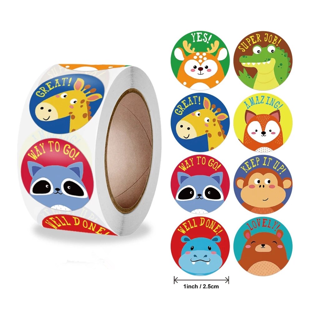 500 stuks beloningsstickers motiverende stickers op rol voor kinderen voor schoolbeloning studenten leraren schattige dieren stickers etiketten: WHITE