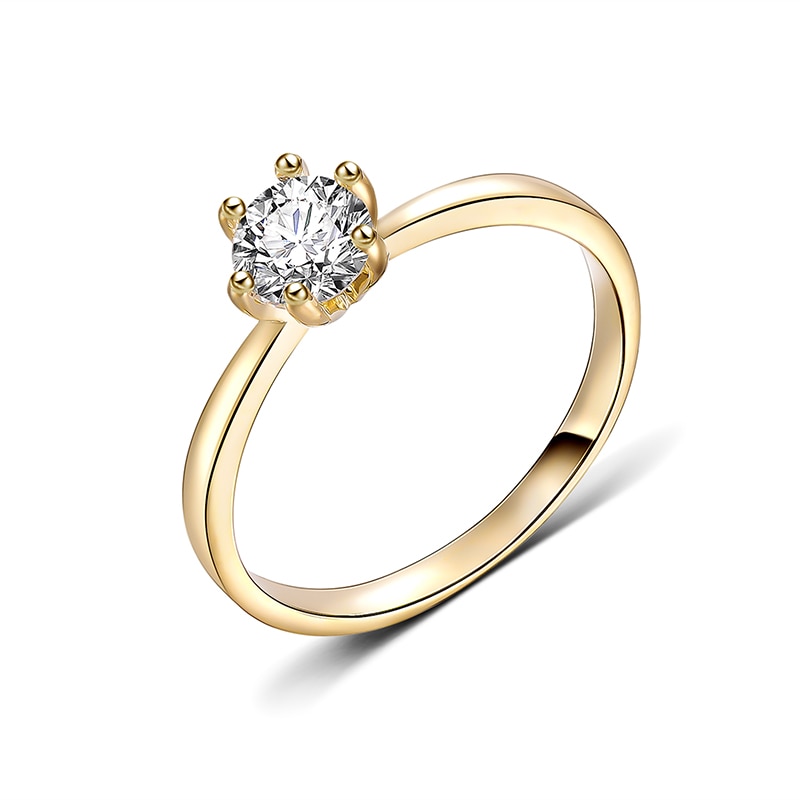 Gold Color Classic Simple 6 Prong Sparkling Solitaire AAA Zirconia Forever Wedding Ring Desgin Ring