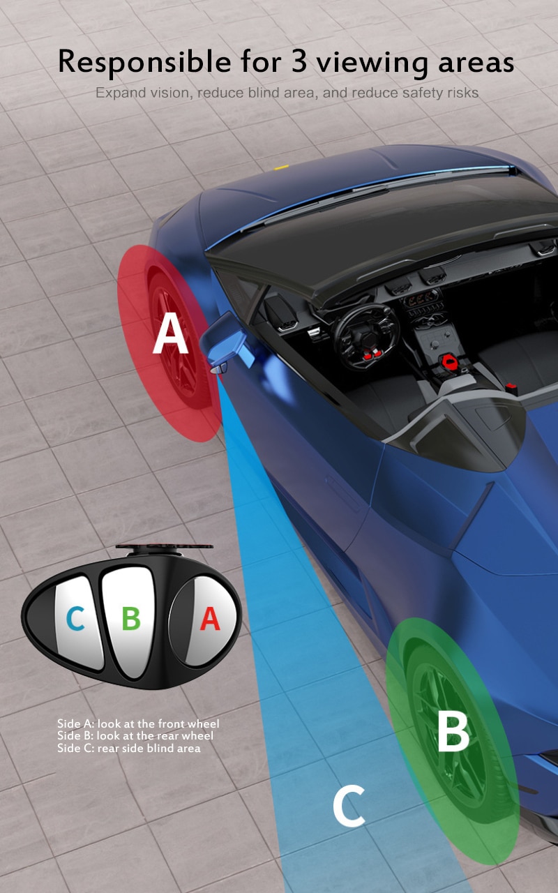3 In 1 Car Blind Spot Mirror 360 Rotation Adjustable Rear View Front Wheel Mirror Wide Angle anti-collision driving safety