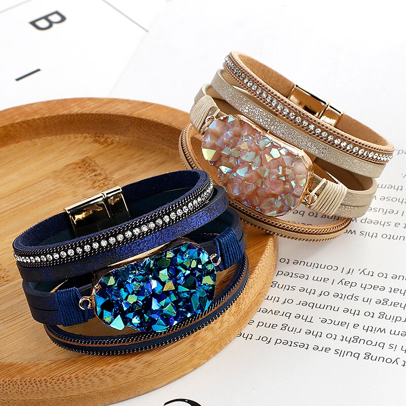 Amorcome-Pulseras de cuero redondas de resina para mujer, brazaletes bohemios multicapa, joyería, dijes,