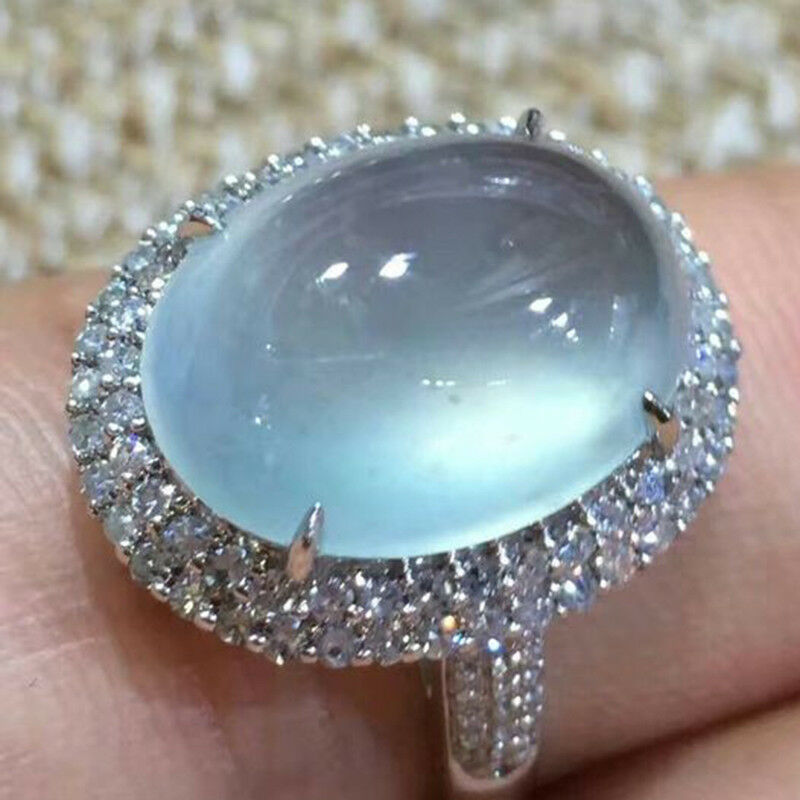 Luksus store blå ovale månesten ring til kvinder pige krystal sølv farve ringe bryllup engagement smykker anillos mujer