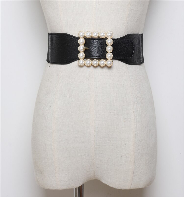 Mode Broeksbanden Voor Vrouwen Solid Stretch Brede Cumberbanden Trouwjurk Versiering Lady Pearl Gold Pin Gesp Riemen Jurk: Black