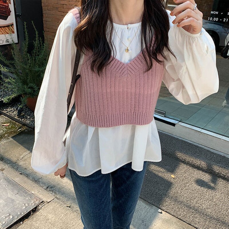 Chaleco de punto sin mangas de estilo coreano para mujer, suéteres y jerséis para mujer, 3 colores, primavera y otoño (X1167): Rosa