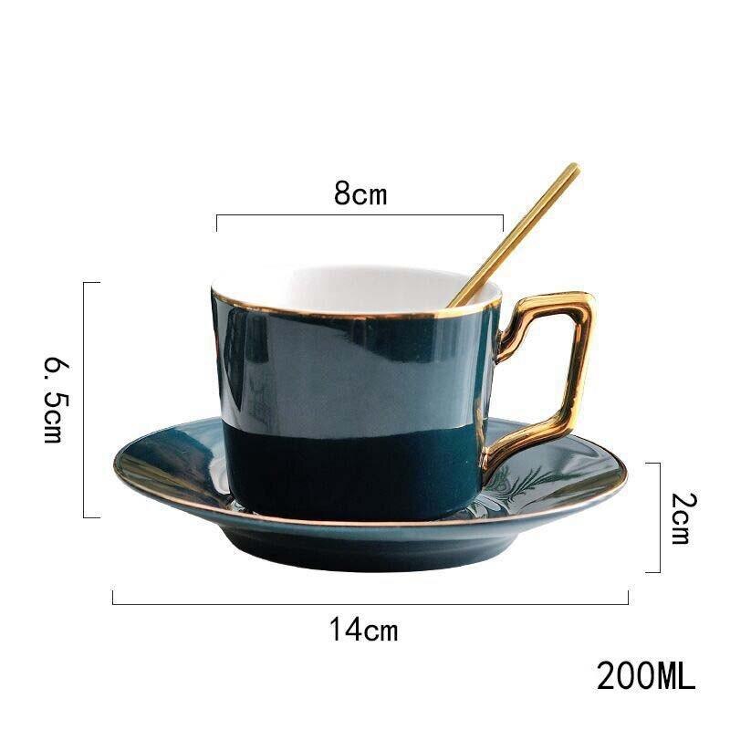 200ml/230ml Dark Green Ceramic Coffee Cup Set With Spoon Saucer Bone China Tea Cups Suite Dish Breakfast Porcelain Milk Mug: A-200ml