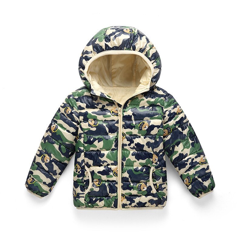 Veste en duvet de coton pour enfants, automne et hiver, manteau à capuche fin de Camouflage pour garçons et filles, vêtements d'extérieur Ultra légers avec fermeture éclair: Green camouflage / 150