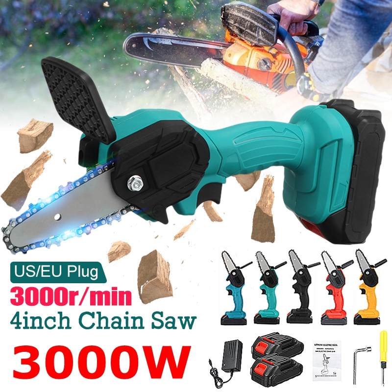3000W 88VF 4 Inch Mini Electric Saw Chainsaw Garden Tree Logging Saw Woodworking Tools Wood Cutters with 2 Batteries