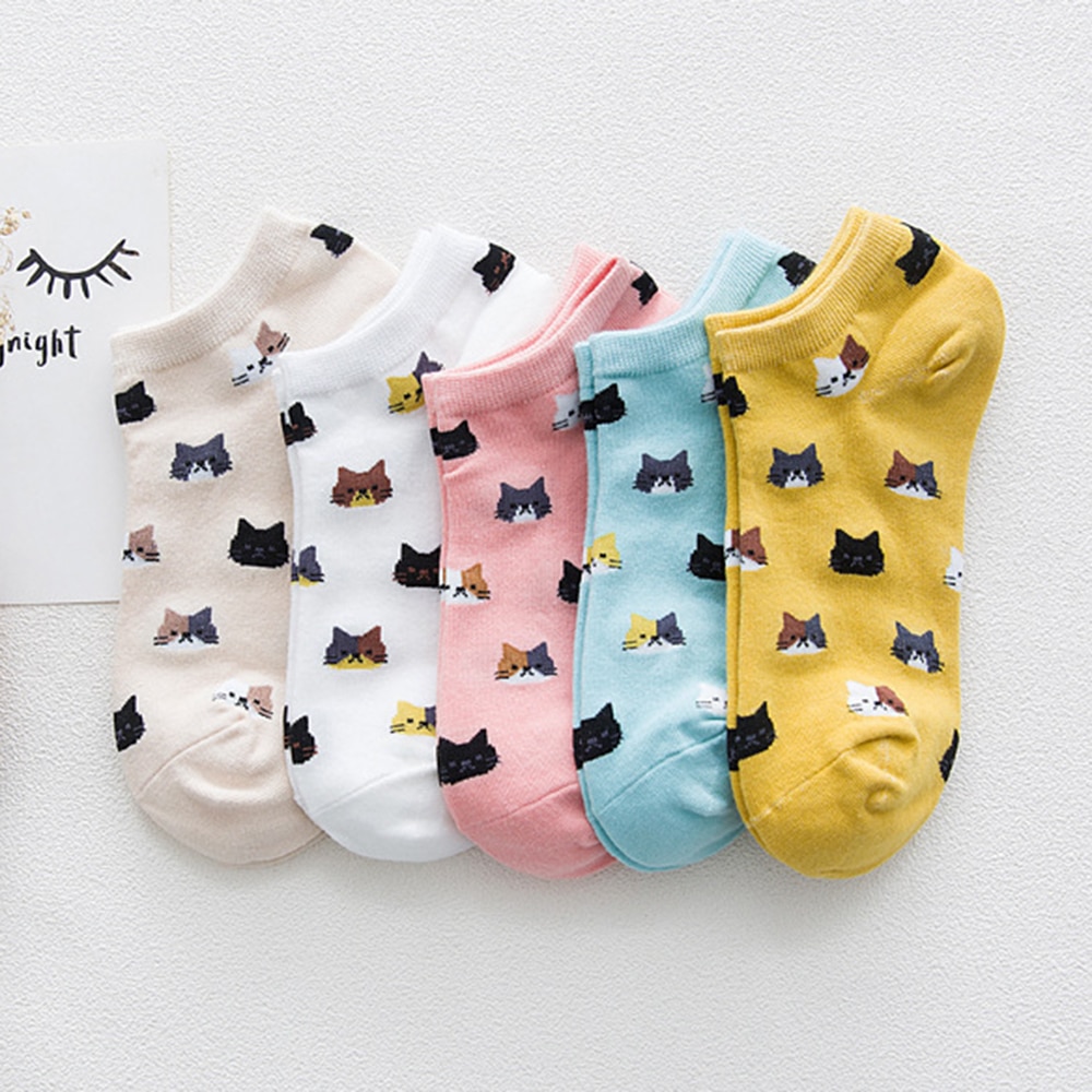 Calcetines tobilleros con de gato para Mujer, medias cortas con dibujos de animales, coreana, Kawaii, informal, 5 pares