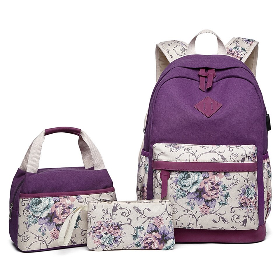 Vandtæt lærred bogtaske piger skole rygsæk sæt blomster søde skoletaske til 14 tommer bærbar rygsæk kvinder rejser dagtaske: Lilla 1 sæt