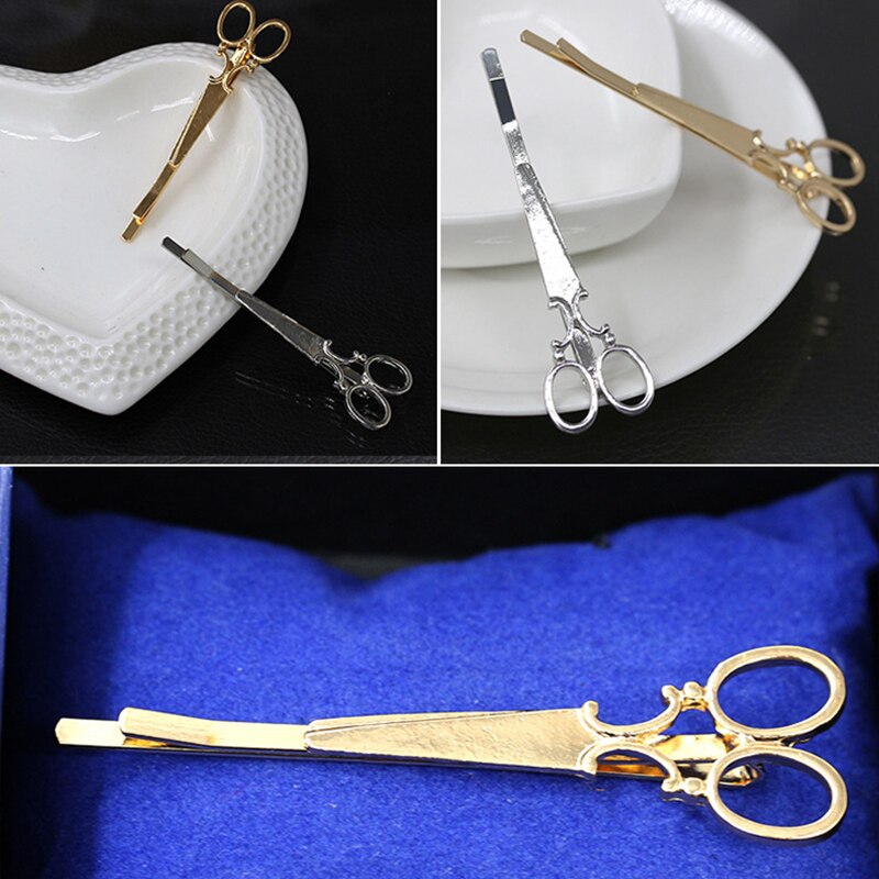 Women Chic Golden Silvery Scissors Shape Hair Clip Hair Pin Headwear Barber Scissors Mental 2 Colors