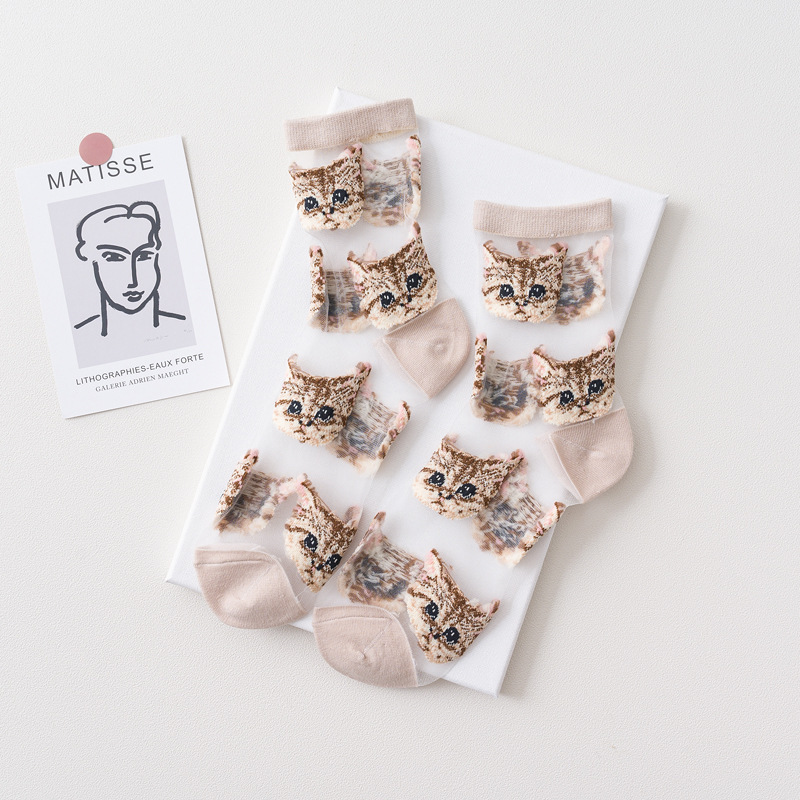 Femmes Transparent mignon chat chaussettes Kawaii dames japonaise coréenne à la été mince cristal soie chaussette en Fiber de verre bas: BLEU CIEL