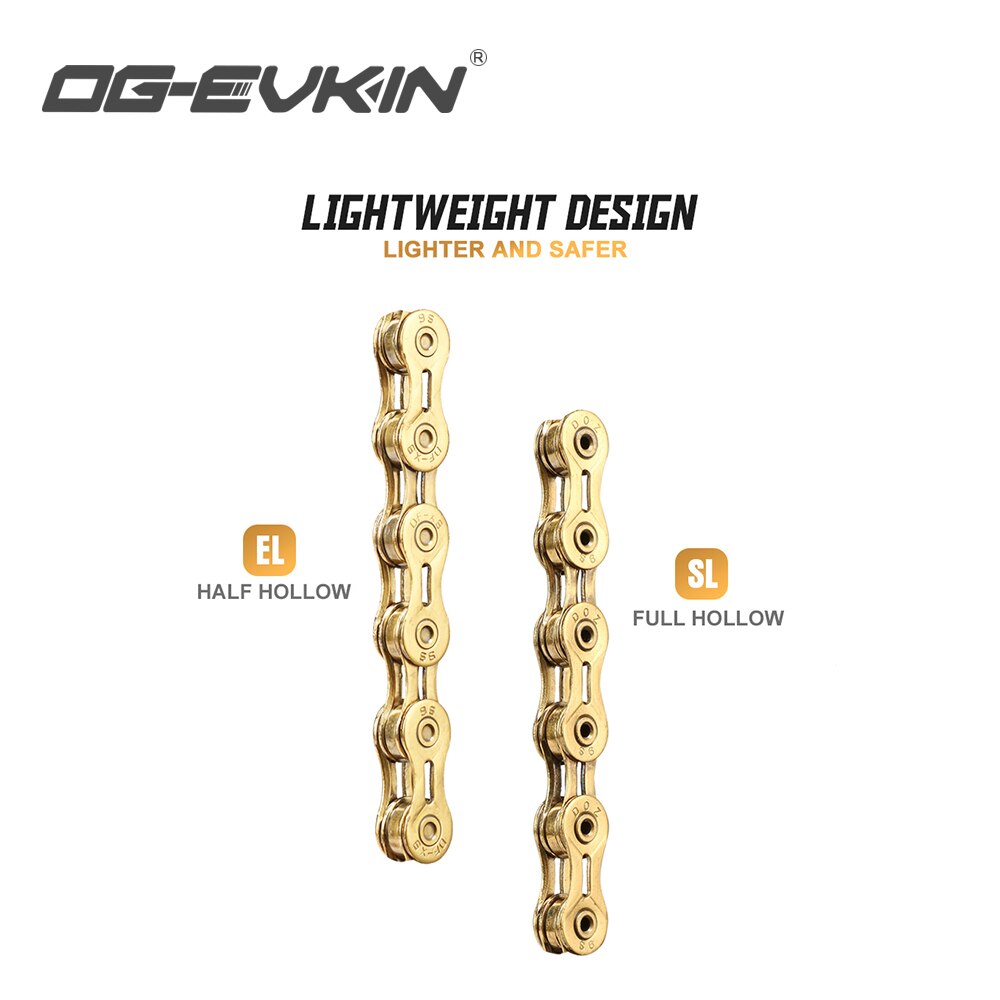 OG-EVKIN 9/10/11 Speed Bicycle MTB Chain Half/Full Hollow Bike Chain Mountain/Road Bicycle Chains 116 Quick Link Gold/Silver