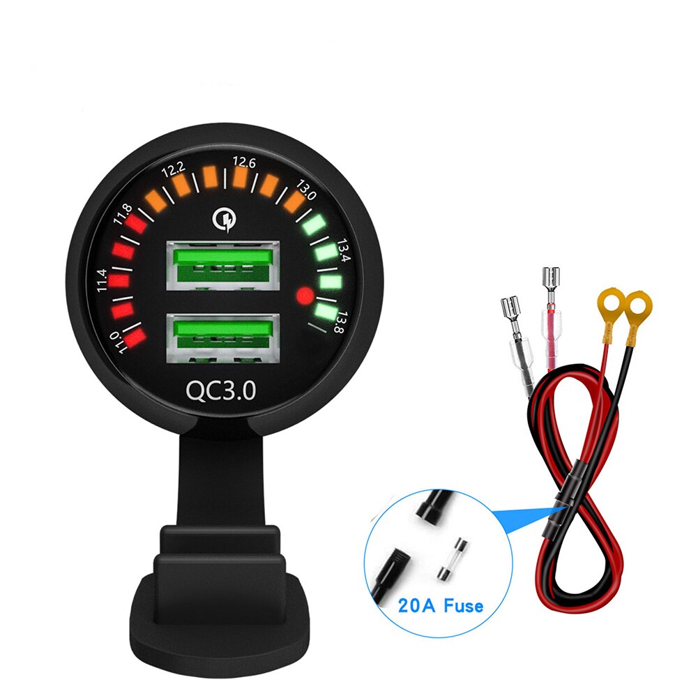 Mit voltmeter, zwei usb-anschlüssen, schnellem, intelligentem, schwarzem autoladegerät, motorradadapter, tablet- und universaladapter für mobiltelefone und boote