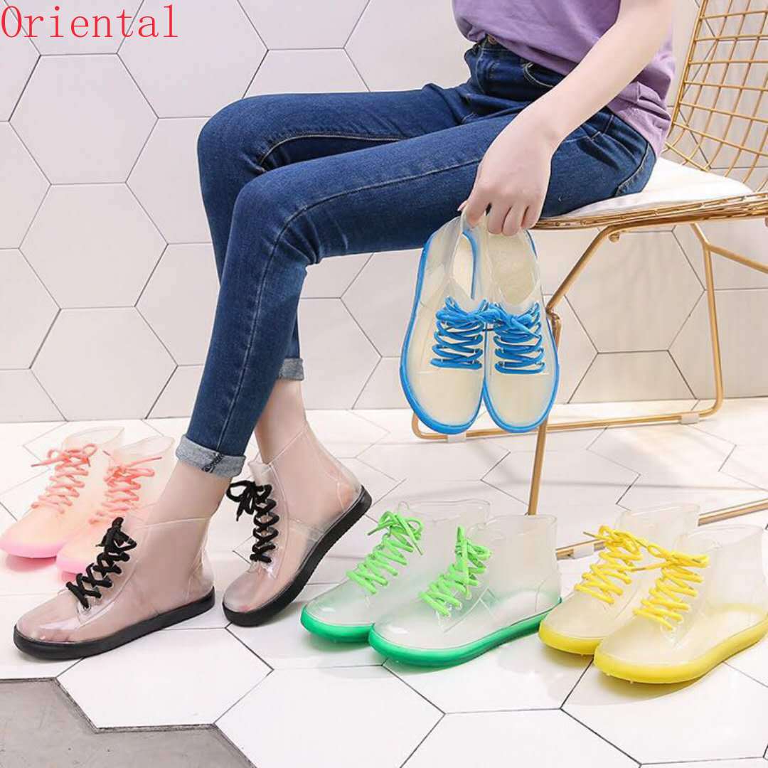 PVC Frauen transparent Regen Stiefel Gummi Spitze hoch Frauen Stiefeletten Wasserdicht lässig Komfort Damen Stiefel Schuhe