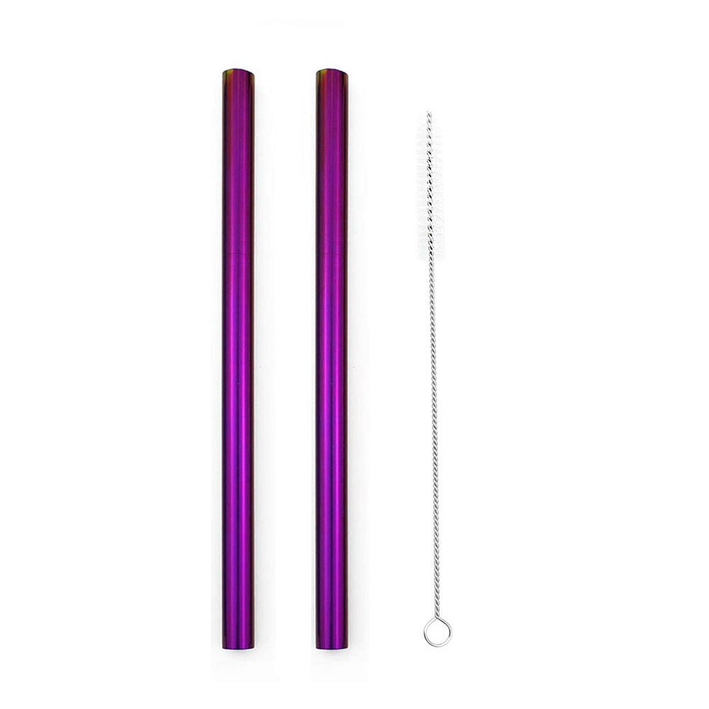 2 stücke Wiederverwendbare Breiten Metall Trinkhalme 12mm Gerade Getränke Stroh mit Reinigung Pinsel Trinken Perle Milchshake blasiert Tee stroh: Violett eben