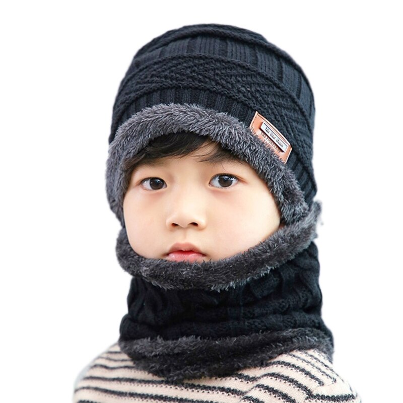 Gorro de invierno para niños, 2 uds., conjunto de bufanda circular, etiqueta de cuero sintético, Crochet, tejido de felpa, forrado, gorro de Calavera, calentador de cuello: Negro