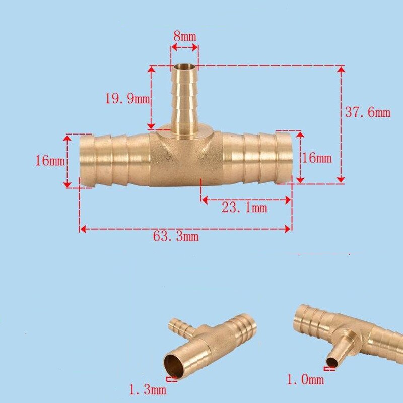 Brass Pagoda Barb Pipe Fittings Equal / Variable Diameter 3 Way T-type 4mm 5mm 6mm 8mm 10mm 12mm 14mm 16mm Oil / Water / Gas: OD 16-8-16