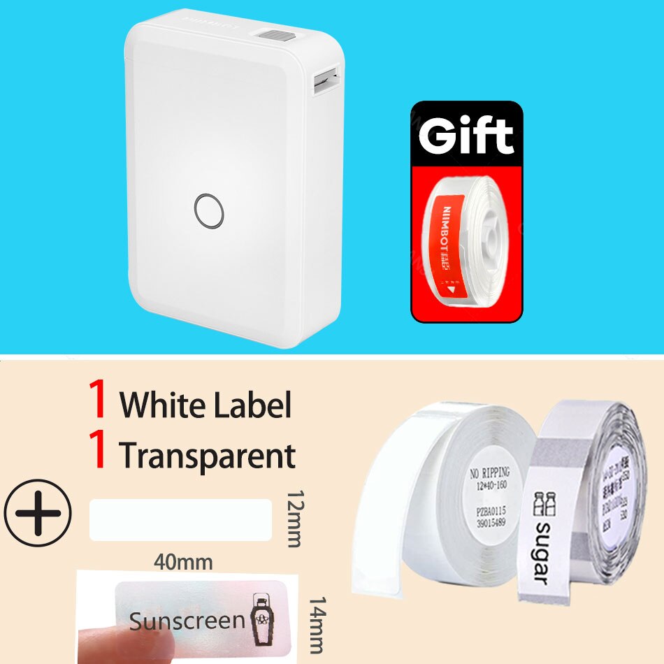 Niimbot D110 Bluetooth Wireless Thermal Label Printer Portable Pocket Sticker Label Maker for iPhone Android Office Home: D110 White Clear