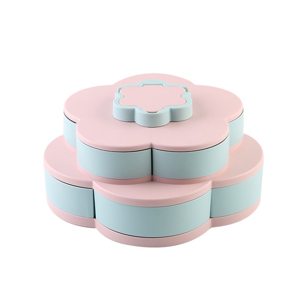 Boîte à bonbons rotative à pétales, plateau à fruits en forme de fleur à double couche contenant plateau à fruits secs en plastique multifonctionnel: Pink
