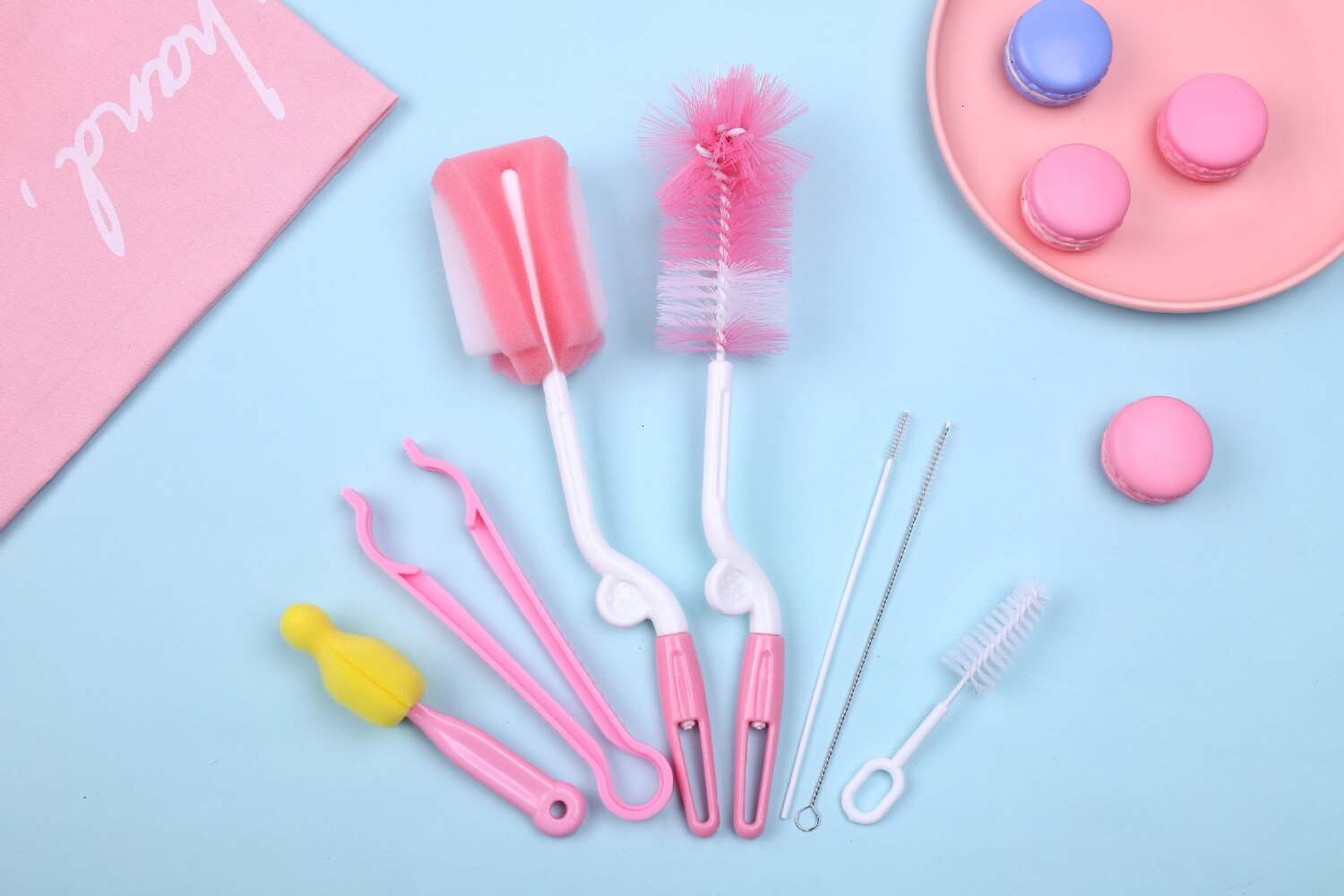 Éponge de nettoyage de pour bébé, brosse spéciale pour biberons, avec poignée, ustensiles de nettoyage, en verre, 7 pièces: pink