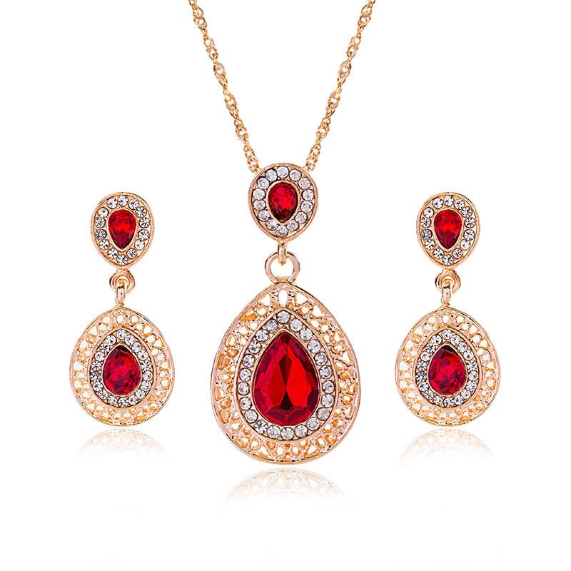 Luxus Anhänger Halsketten Ohrringe sets Gold strass kristall braut hochzeit schmuck sets für frauen Schmuck: Gold Red