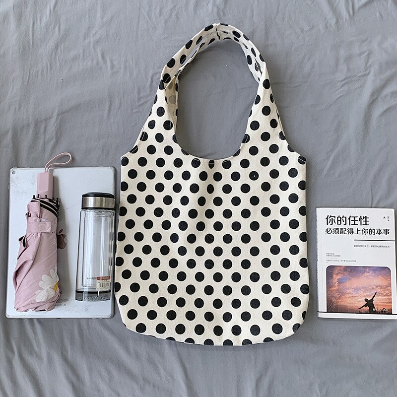 2022 Polka Dot Canvas Schoudertas Student Klasse Tas Eenvoudige Japanse En Koreaanse Stijl Draagbare Boodschappentas