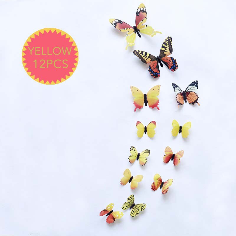 12 pièces lumineux 3D papillon Stickers muraux décor à la maison bricolage lueur dans le noir autocollant autocollant pour enfants chambre décoration de fête de mariage: Yellow