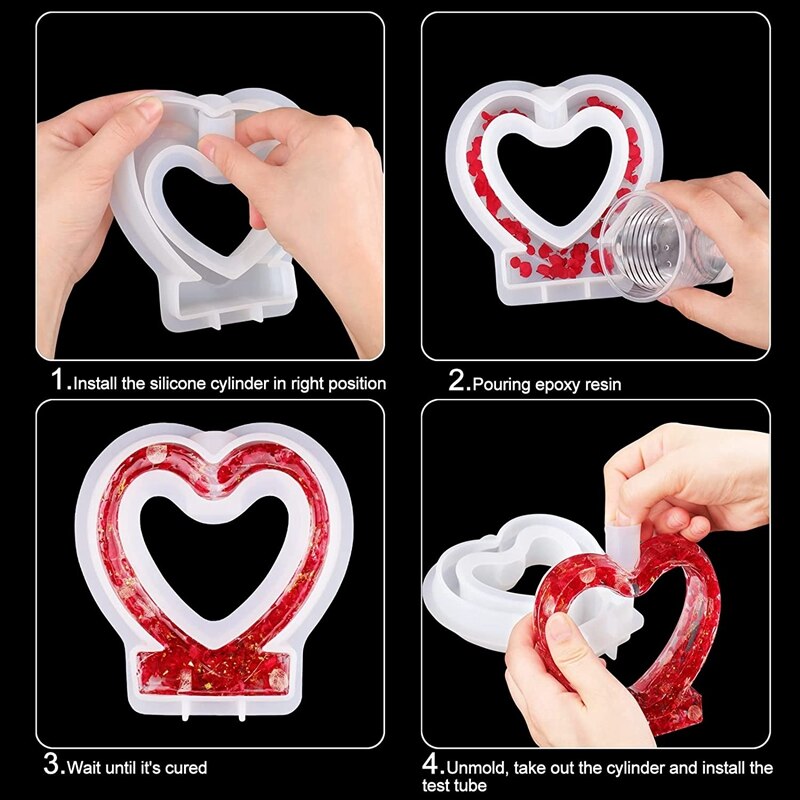 Moldes de resina epoxi en forma de corazón con 3 tubos de ensayo para hidropónico, soporte de flores, decoración de oficina en casa, de San Valentín