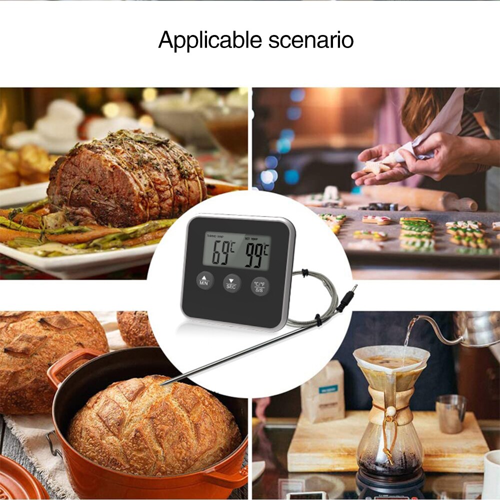 Electronic Digital LCD Food Thermometer Probe BBQ Meat Water Oil Cooking Temperature Alarm Cooking Timer Kitchen Cooking Tester