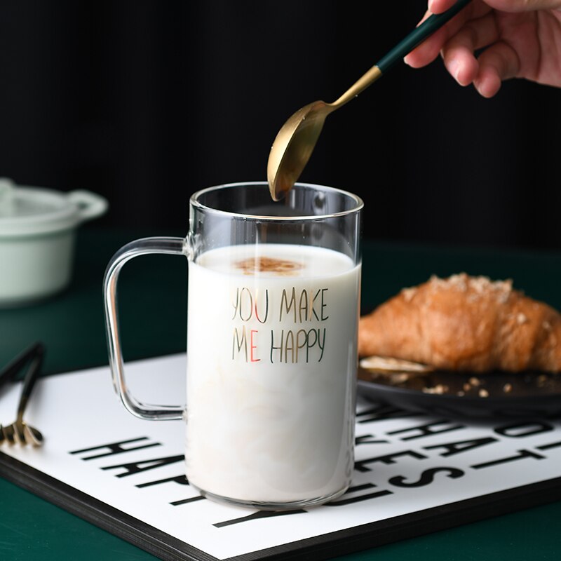Taza de cristal creativa para el desayuno, taza de café o té con mango transparente, con cubierta, para el hogar y la Oficina