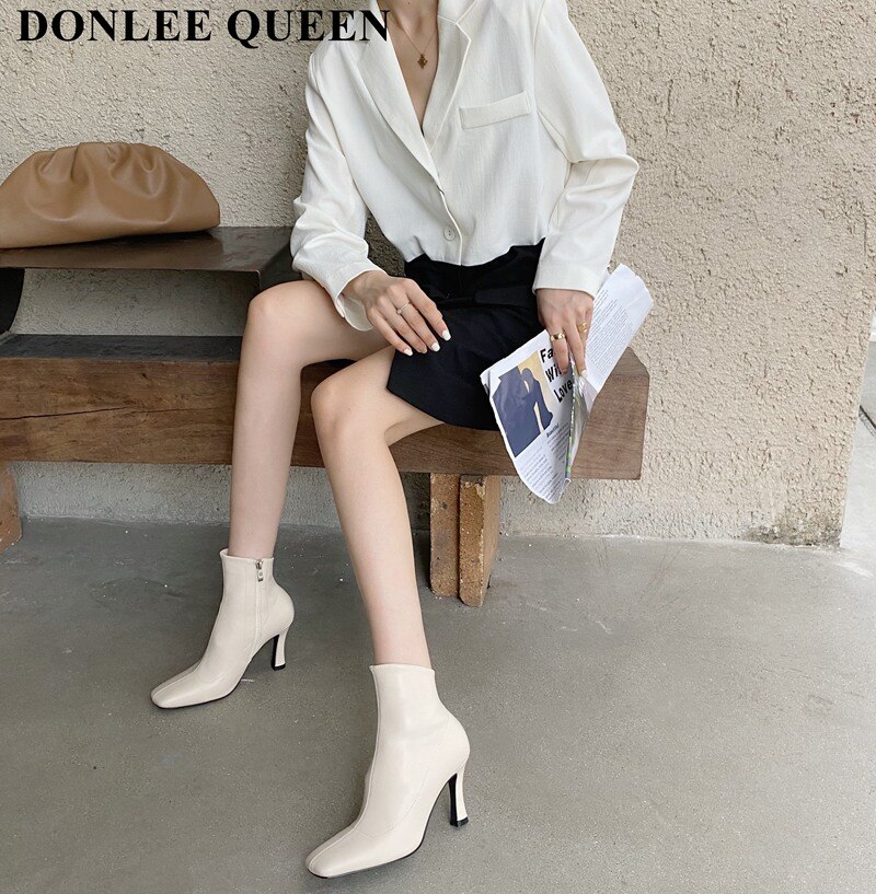 Ankelstøvler til kvinder firkantede sko vinter korte støvler lynlås tynde hæle behagelige dame støvler zapatillas mujer