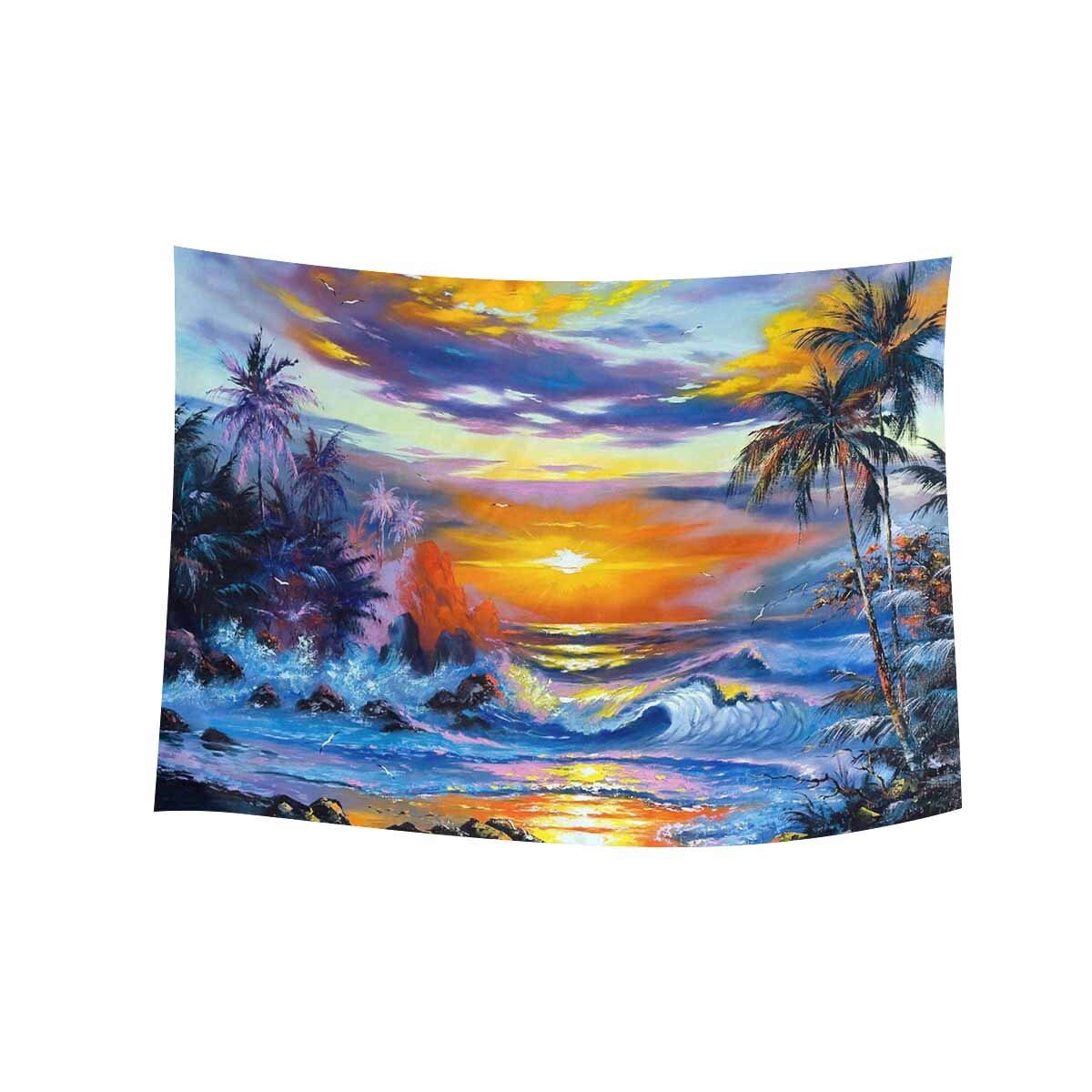Tropical Beach Sunset Sea Evening Landscape Painting Tapestry Wall Hanging