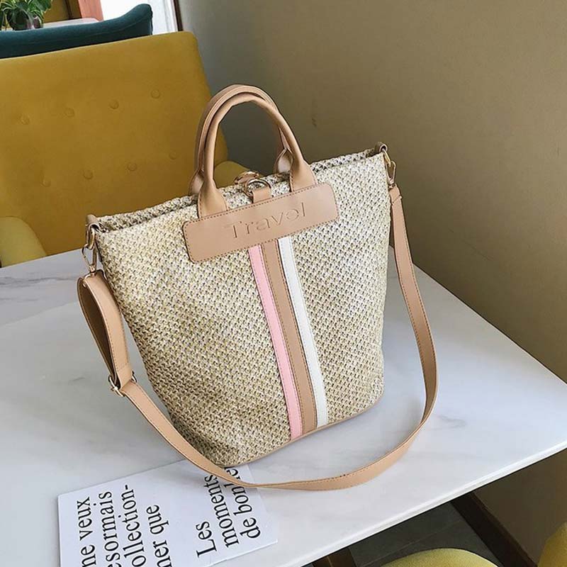 Vintage Straw Bag Bucket Rattan Bags Handmade Summer Bags Woven Beach Ladies Shoulder Bag Bohemia Girls Travel Handbags: Beige