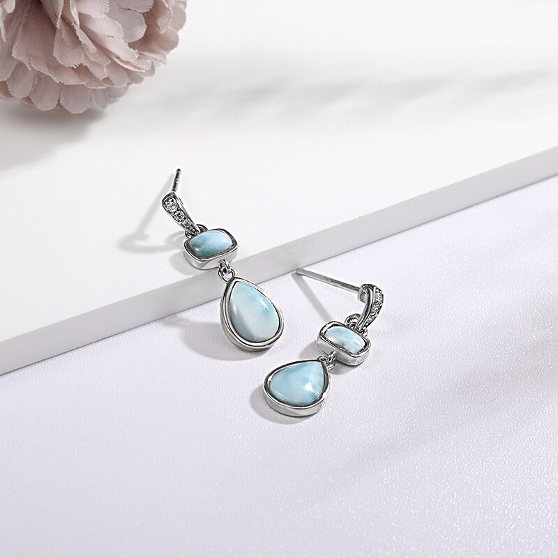 Geometrische, stromlinienförmige, lange 925 aus sterlingsilber für mädchen und damen aus natürlichem, kostbarem larimar