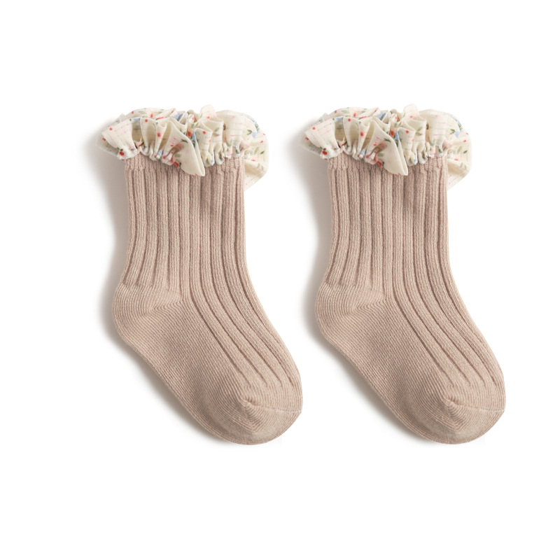 Calcetines de algodón peinado para niña, medias de tubo medio de encaje de princesa de gasa de estilo informal, accesorios para bebé, ropa para bebé, novedad de Primavera de 2022: Light coffee / S (0-1 years old)