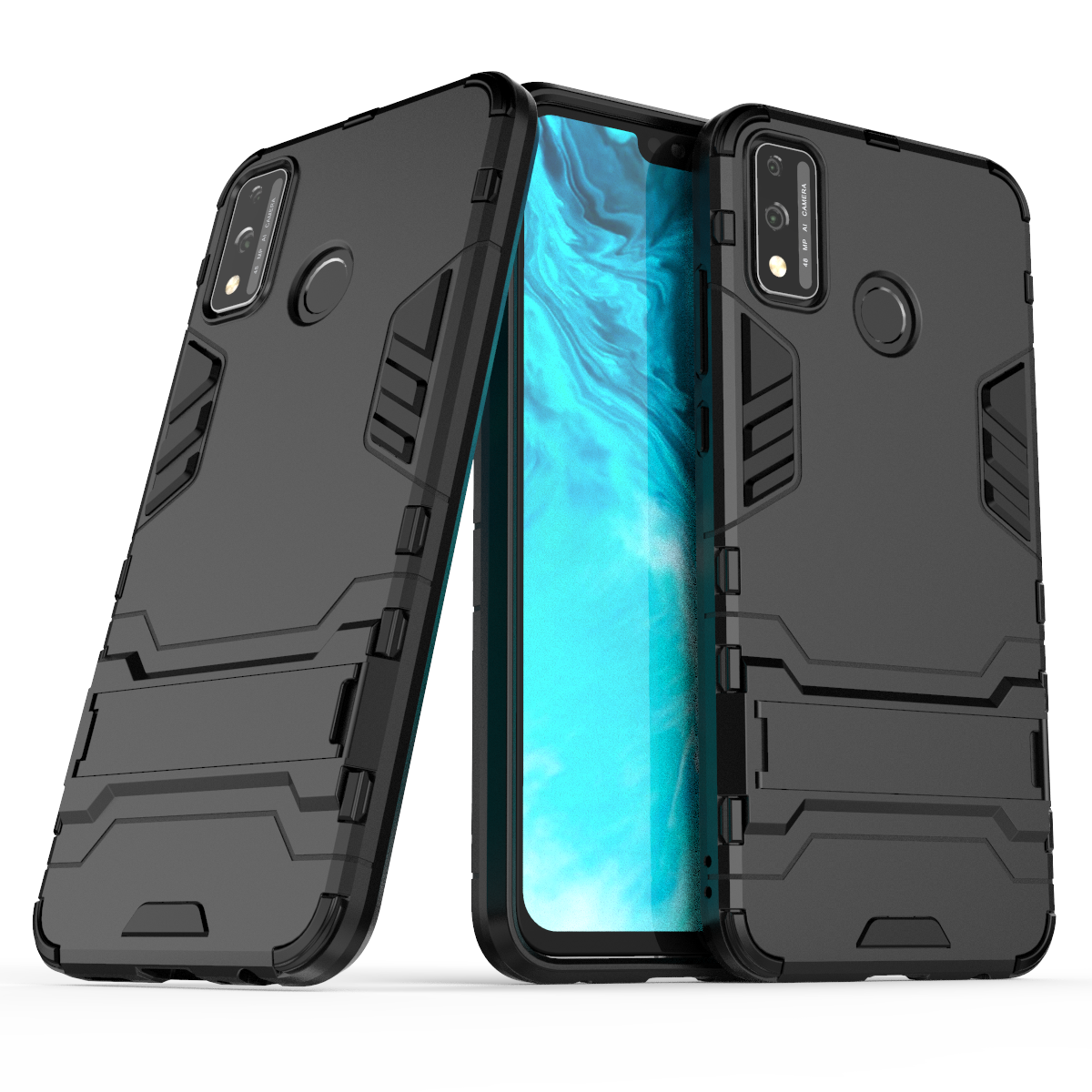Hybrid armor -kotelo honor 9 9x 9i 9a lite 8s 8c max 7x 6x prolle ja telineellä, suojakuori honor play 4t note 10 x10 max 5g:lle: Polyesteri / Musta