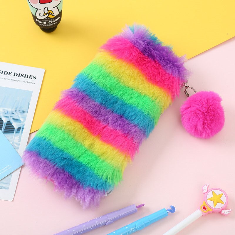 VOGVIGO Plush Rainbow Day Clutches Pencil Case for Students Mobile Pen Bags Stationery Pouch Box School Handbags Supplies