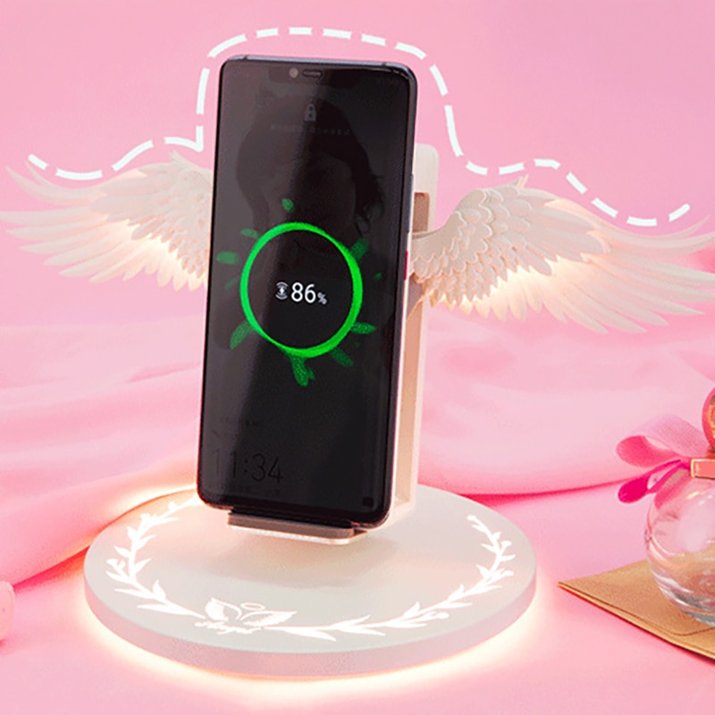 10W Draadloze Oplader Engelenvleugels Nachtlampje Mobiele Telefoon Draadloze Oplader Voor Android Apple Usb Snel Opladen Met Night licht