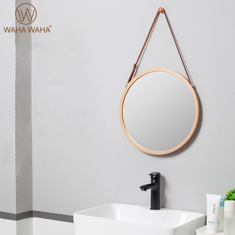 Espejo de pared redondo colgante para baño, marco de bambú sólido y correa de cuero ajustable, decoración de dormitorio, espejo redondo de maquillaje