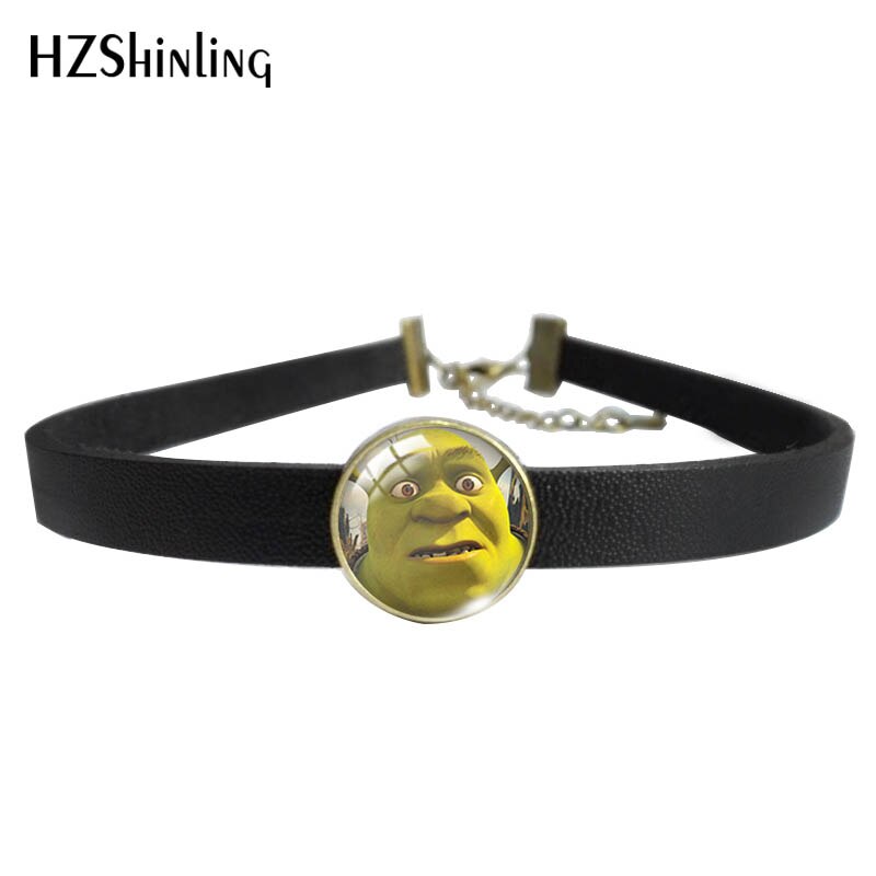 Shrek Donkey Leather Choker Necklace Glass Cabochon Dome Pendants Jewelry for Cos Girls: 3 / Black