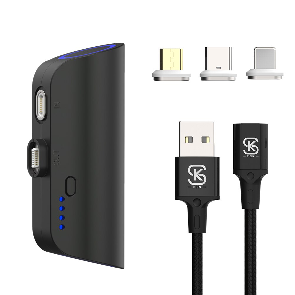 Magnetic suction Power bank external battery for phone powerbank, external accumulator quick charge usb type-C 3000mAh: Black 3 plugs