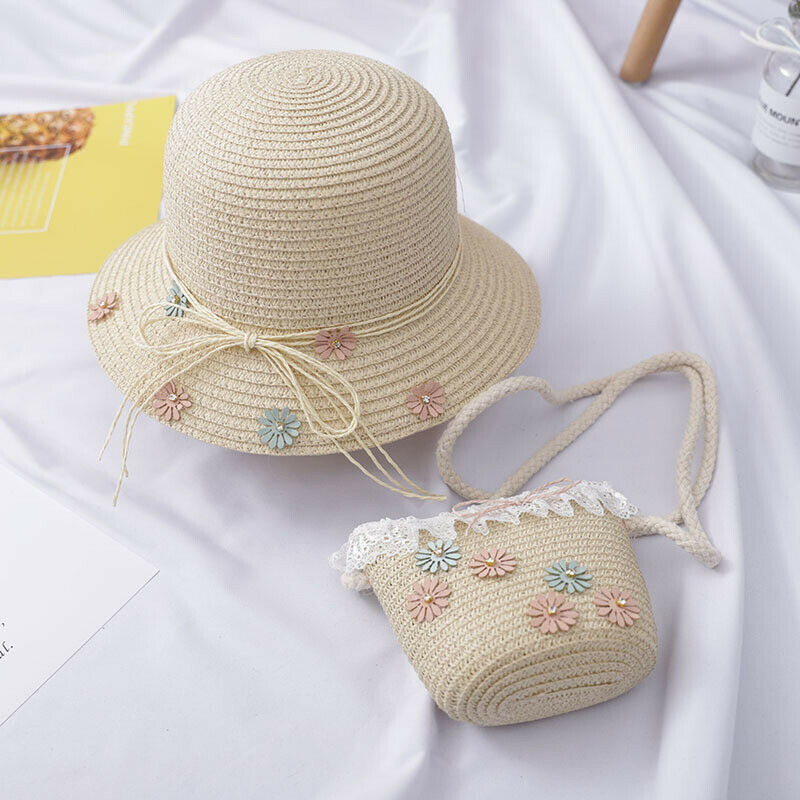 Girls Kids Beach Breathable Cap Straw Sun Hat+Cute Flower Straw Shoulder Handbag Bag Set Summer: Beige