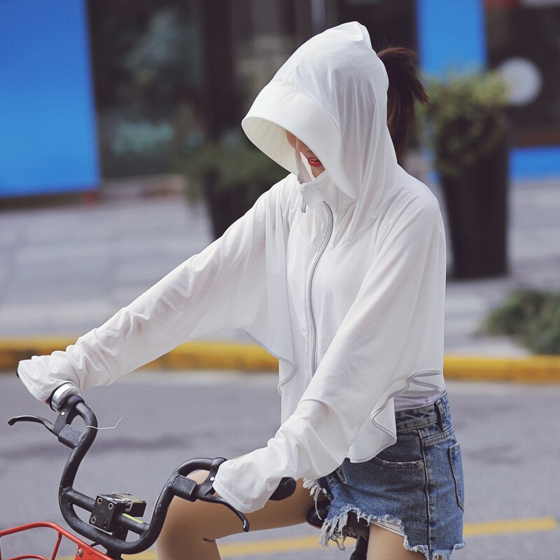 Womens Hooded Sun-protective Coats Anti-UV Tops Short Cycling Riding Jacket Breathable Quick Cool Dry: White