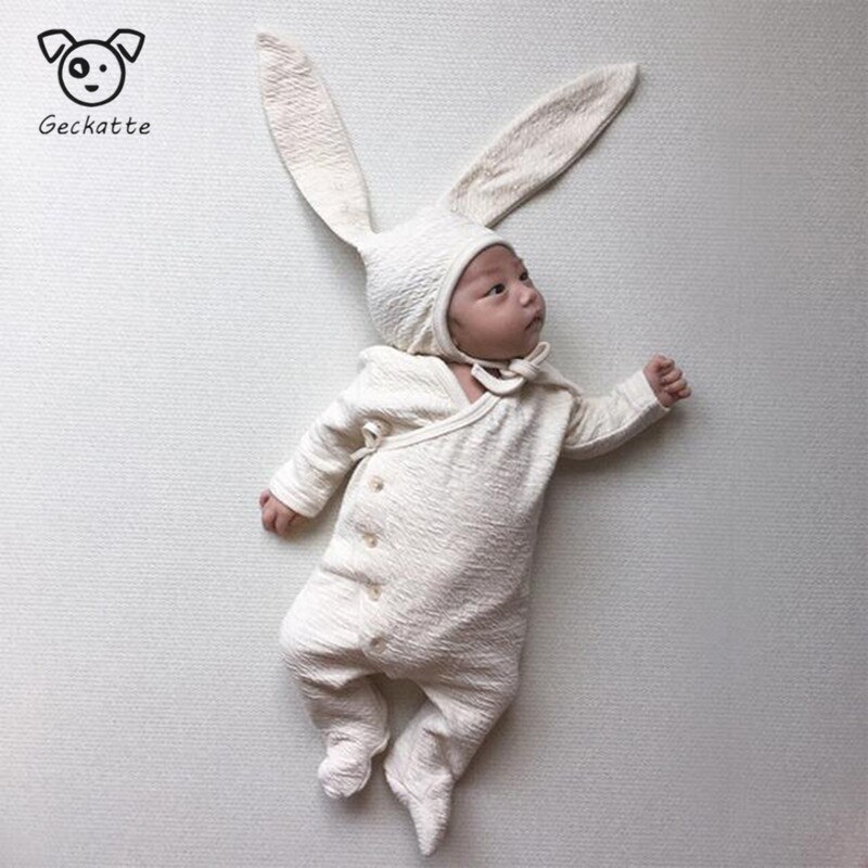 Geckatte Autumn Cute Ear Hat+long Romper Sets Baby Girl Clothes Solid Baby Boy Clothes Born Baby Clothes Babygirl Onesie