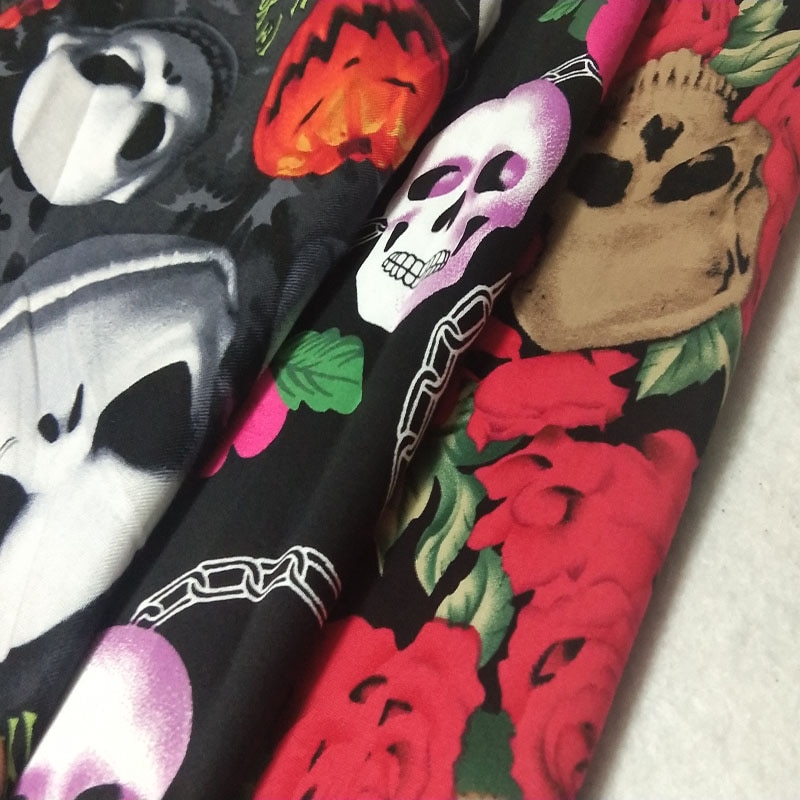 3 uds. Paquete de tela de algodón estampado de calavera de 30cm Estilo Vintage Punk, bonita Flor de Halloween, tela de muñeca de costura de Patchwork, decoración para y hogar