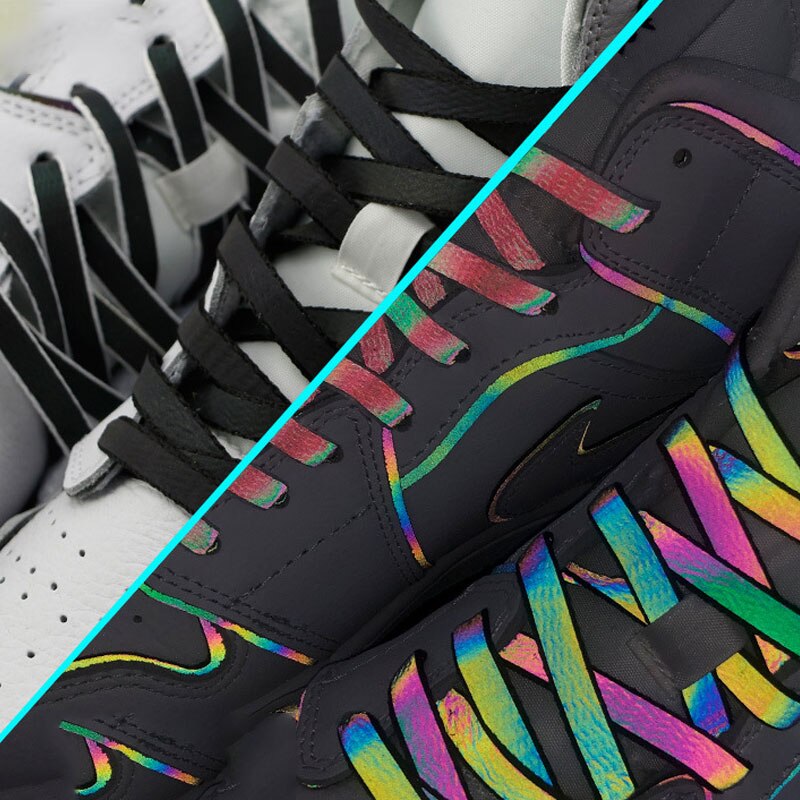Lacets réfléchissants holographiques Double face, chaussures de sport plates très lumineuses,