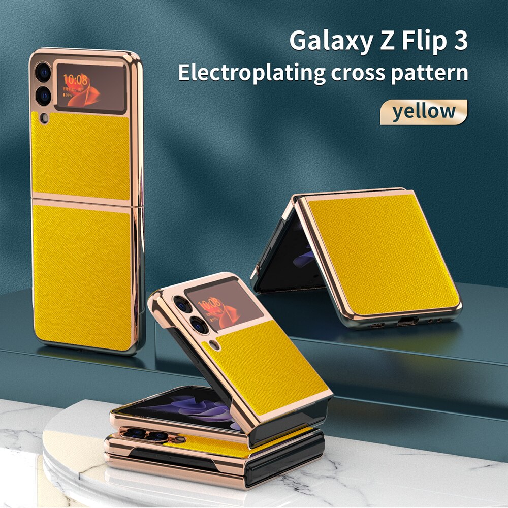 Plain Leather Case Voor Samsung Galaxy Z Flip 3 Telefoon Shell Z Flip Folding Screen Galvaniseren All-Inclusive Anti-Fall Holster: YELLOW