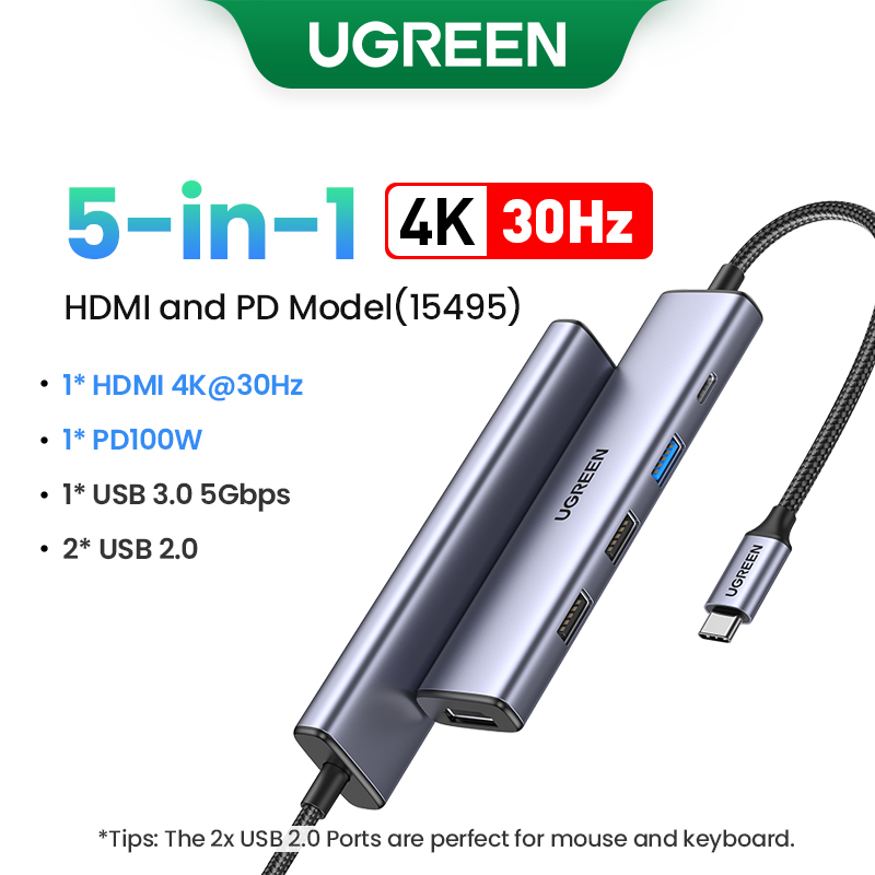 UGREEN Dual HDMI HUB USB 8K HDMI Adapter 10 W 1 Splitter z RJ45 USB 3.0 PD 100W stacji dokującej do macbooka Pro Air M2 M1 USB C HUB: Jasno szary